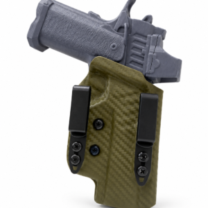 olive green holster with gray training pistol